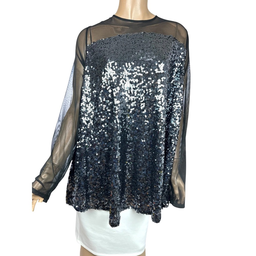Torrid Blouse Top Pullover Black w Gray Sequins & Mesh Sz 4X Polyester/Spandex
